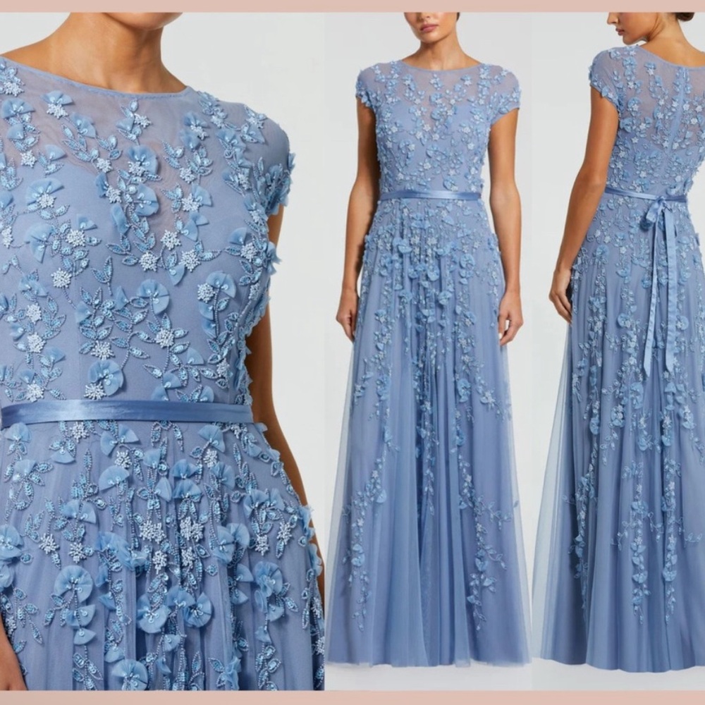 NWT Mac Duggal [ 12 ] 14521 Floral Embellished Short Sleeve Mesh Gown Blue
